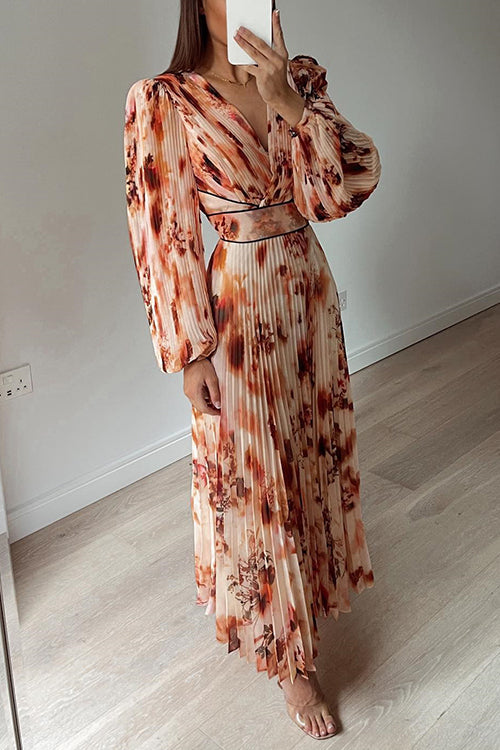 V Neck Long Sleeves Printed Maxi Pleated Dress