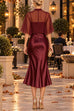 Karleedress Mock Neck Chiffon Cape Overlay Satin Midi Dress Set (C)
