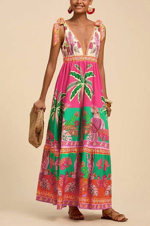 Karleedress Bow Shoulder V Neck Sleeveless Printed Maxi Vacation Dress