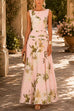 Karleedress Boat Neck Sleeveless Floral Print A-line Maxi Dress