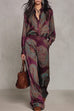 Karleedress Lapel Long Sleeves Shirt High Rise Pocketed Straight Leg Pants Paisley Print Set (A)