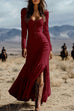 Karleedress U Neck Buttop Up Long Sleeves Ruffle Slit Maxi Dress