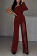 Karleedress Stylish One Shoulder Slit Long Sleeve Mesh Splice Wide Leg Jumpsuit