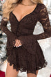 V Neck Bell Long Sleeves Ruffle Lace Mini Dress