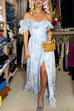 Off Shoulder Tie Waist High Slit Floral Print Ruffle Maxi Dress