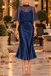 Karleedress Mock Neck Chiffon Cape Overlay Satin Midi Dress Set (D)
