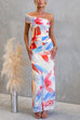 Asymmetrical Shoulder Ruched Floral Print Maxi Dress