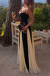 Karleedress Spaghetti Strap Low Cut Color Block Swing Maxi Dress