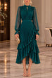 Karleedress Mock Neck Sheer Sleeve Pleated Ruffle High-Low Midi Dress (B)