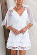 V Neck Bow Shoulder Floral Embroidered Mesh Mini Dress