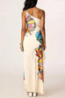One Shoulder Floral Print Ruffle Hem Slit Maxi Dress