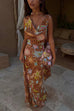 Karleedress Cowl Neck Open Back Printed Maxi Dress with Scarf