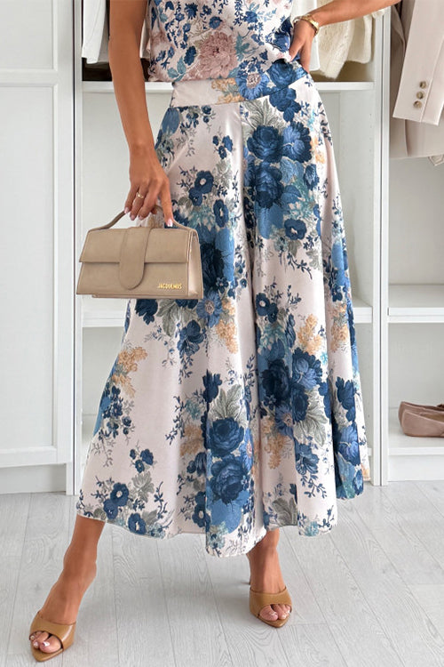 High Waist Floral Print Wide Leg Cropped Pants