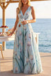 Deep V Neck Sleeveless Floral Print Swing Maxi Dress