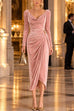 Karleedress Cowl Neck Gold Accent Ruched Velvet Midi Dress