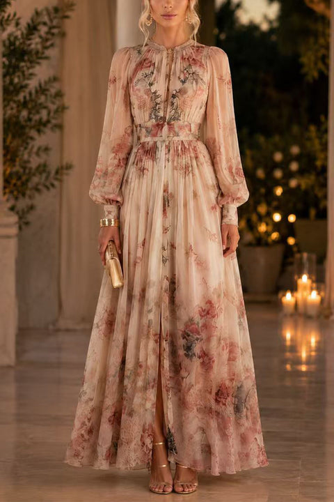 Karleedress Puff Long Sleeves High Waist Floral Print Maxi Dress
