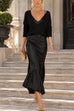 Karleedress V Neck Drop Shoulder Sweater and Satin Maxi Cami Dress Set (E)