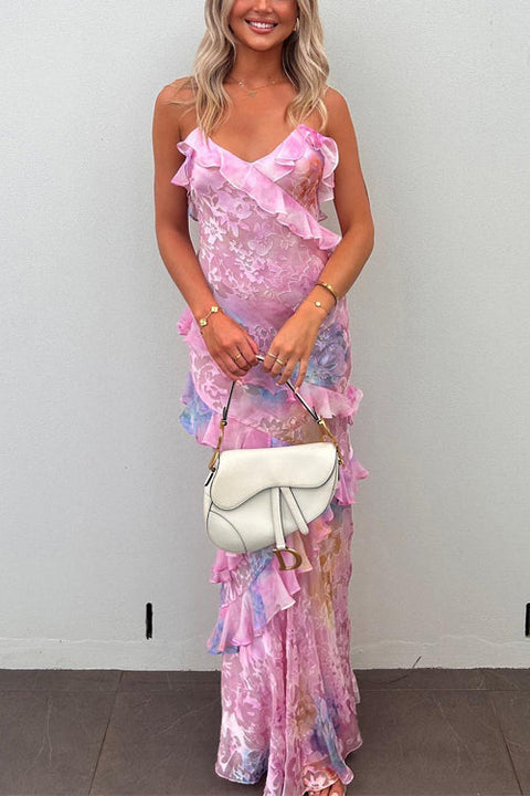 Karleedress Ruffle Trim Open Back Printed Maxi Cami Dress