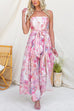 Strapless Floral Print Tie Waist Split Wide Leg Jumpsuit