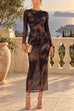 Round Neck Long Sleeve Side Slit Tie Dye Maxi Dress (B)