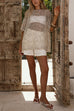 Crewneck Half Sleeves Crochet Hollow Out Sequin Top