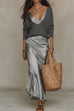 Karleedress V Neck Drop Shoulder Sweater and Satin Maxi Cami Dress Set