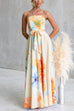 Strapless Bow Waist Floral Print Swing Maxi Dress