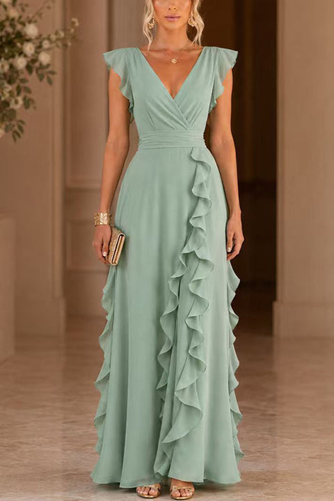 Karleedress V Neck High Waist Solid Ruffle Maxi Dress