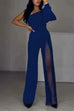 Karleedress One Shoulder Long Sleeve Patchwork Wide Leg Jumpsuit