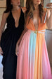 Deep V Neck Sleeveless Rainbow Maxi Dress