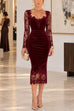 Karleedress V Neck Long Sleeves Lace Splice Velvet Bodycon Midi Dress