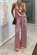 Cowl Neck Sleeveless Top and Elastic Waist Wide Leg Pants Satin Set