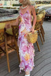 Karleedress V Neck Backless Ruffle Trim Slit Floral Print Maxi Cami Dress