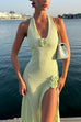Karleedress Halter V Neck Backless Slit Rose Applique Knit Maxi Dress