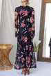 Round Neck Long Sleeves Floral Print Maxi Dress