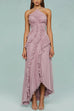 Karleedress Strappy Halter Neck Ruffle Trim Asymmetric Hem Pleated Maxi Dress