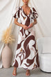 V Neck Puff Short Sleeves Printed Maxi Dress