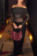 Karleedress Off Shoulder Long Sleeves Mesh Splice Maxi Dress