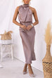 High Neck Zipper Back Waisted Satin Midi Dress
