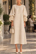 Karleedress Floral Applique Puff Sleeve A-Line Midi Dress