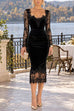 Karleedress V Neck Long Sleeves Lace Splice Velvet Bodycon Midi Dress