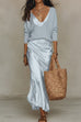 Karleedress V Neck Drop Shoulder Sweater and Satin Maxi Cami Dress Set