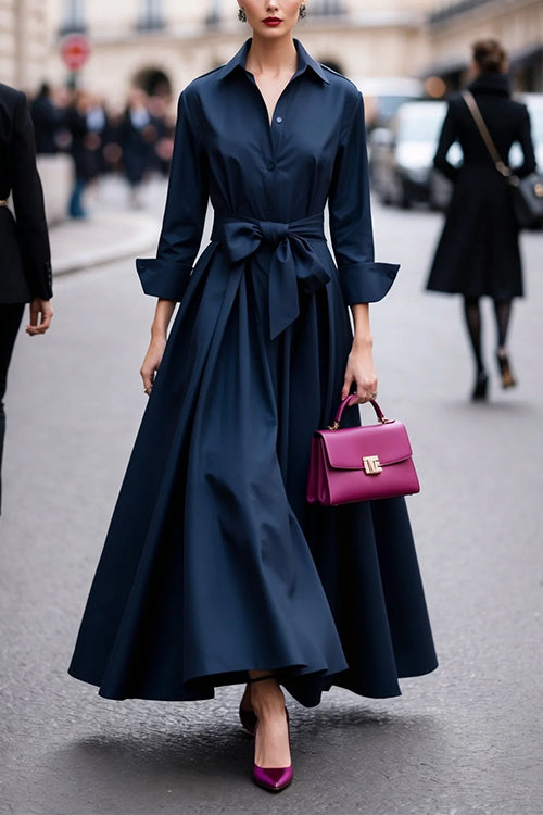 Karleedress Lapel Long Sleeves Button Up Tie Waist Maxi Dress