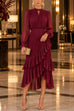 Karleedress Mock Neck Sheer Sleeve Pleated Ruffle High-Low Midi Dress (B)
