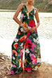 V Neck Sleeveless Floral Print Wide Leg Jumpsuit