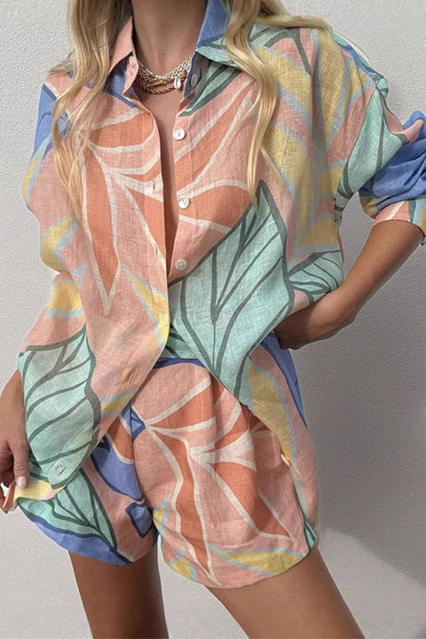 Karleedress Unique Print Long Sleeves Button Up Shirt and Pocketed Shorts Linen Set