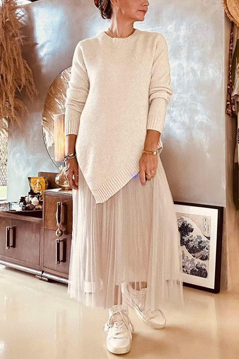 Crewneck Irregular Hem Ribbed Knit Sweater