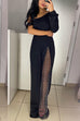 Karleedress Stylish One Shoulder Slit Long Sleeve Mesh Splice Wide Leg Jumpsuit