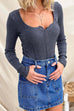 Long Sleeves Button Up Curve Hem Ribbed Knit Top
