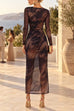 Round Neck Long Sleeve Side Slit Tie Dye Maxi Dress (B)